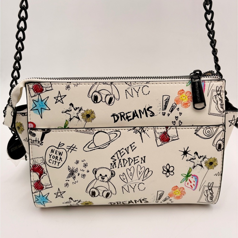 Steve Madden Graffiti Print BLEXI Crossbody Bag White Black Chain Strap Top Zip - Picture 2 of 12
